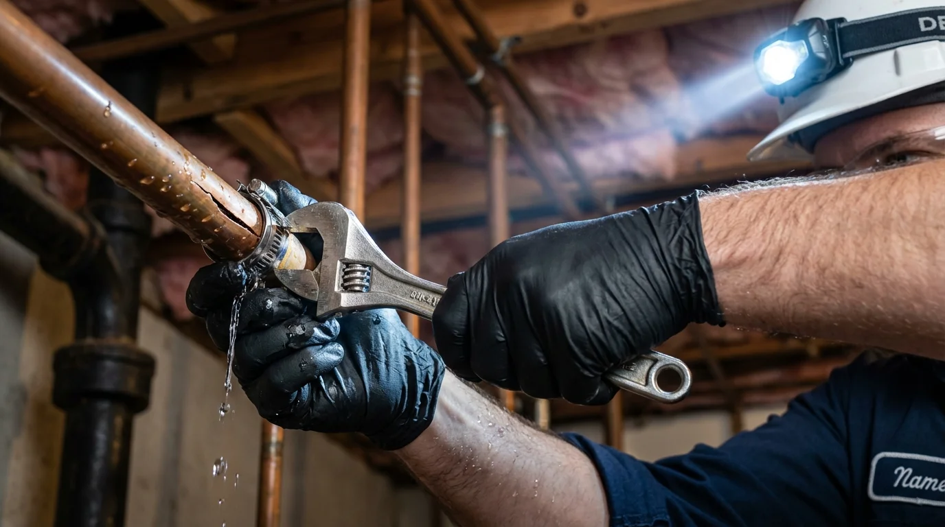 Emergency pipe clamp repair being performed by a Johns Plumbing LLC plumber in Somerset