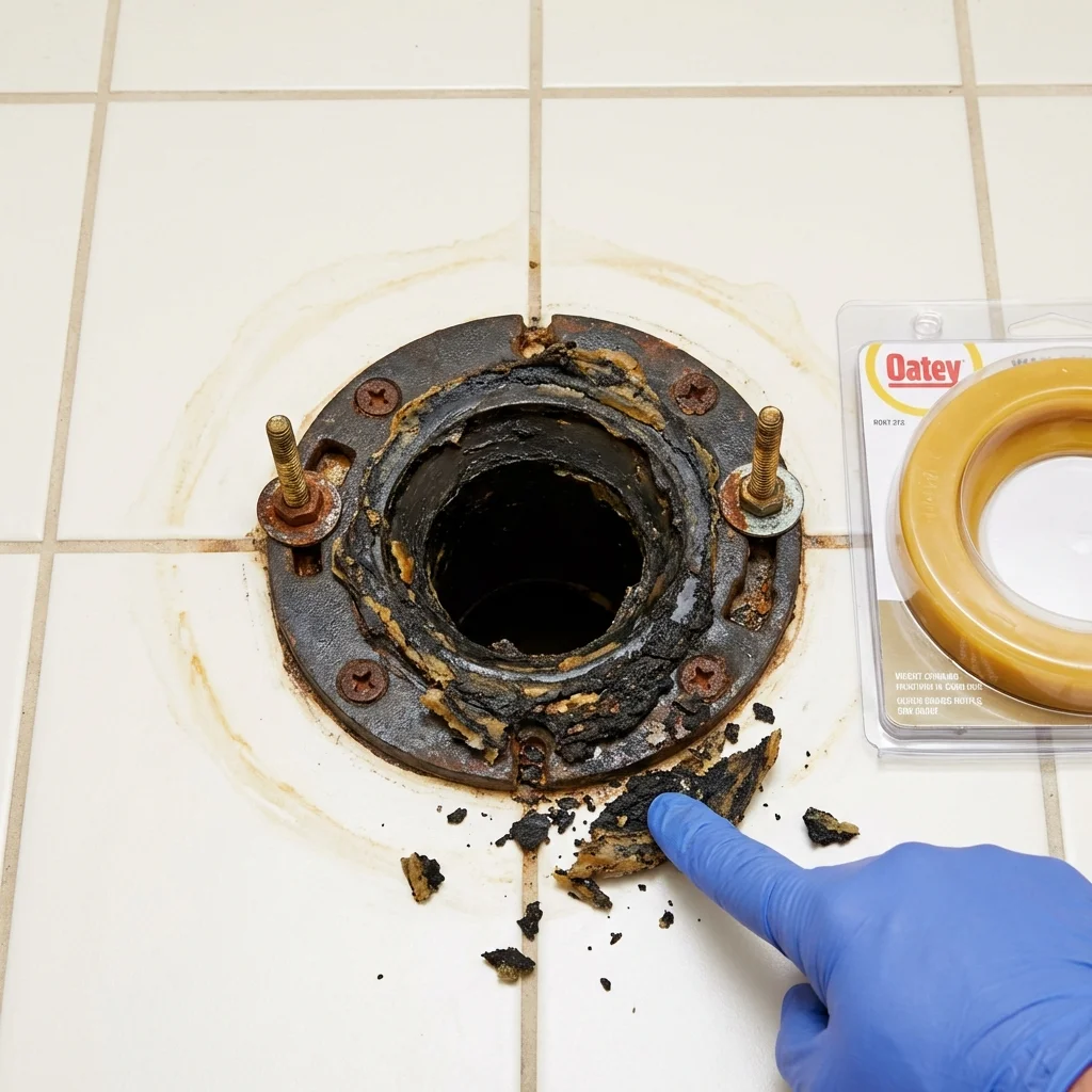 Failed wax ring showing water seepage at the base of a toilet in a Somerset, WI home