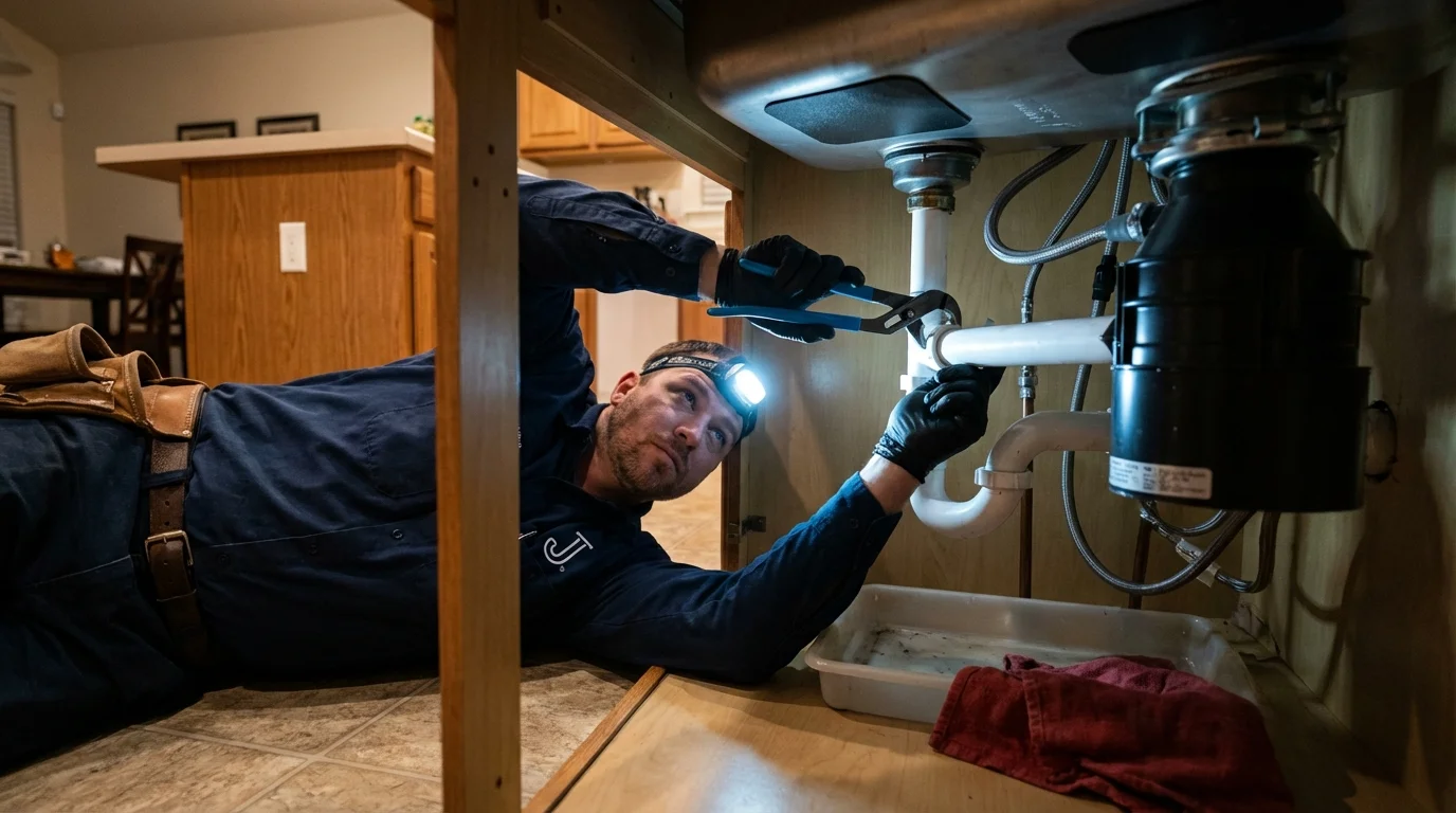 P-trap and supply line connections under a kitchen sink showing a common leak point in Somerset, WI
